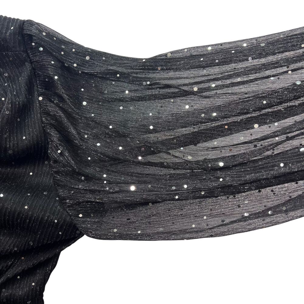 Vince Camuto Metallic Chiffon Mini Dress L Black Sheer Sleeve Tiered Sparkle - Picture 6 of 16